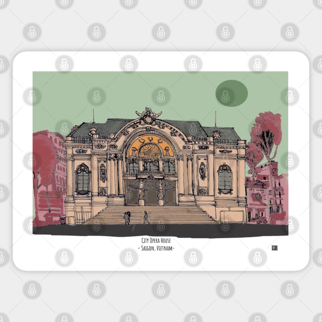 City Opera House Saigon Vietnam Illustration Sticker by Wall-Art-Sketch